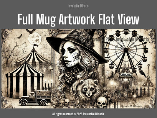 Full flat-view of the Creepy Circus Witch coffee mug artwork — vintage Halloween design featuring a witch in a hat, raccoon, circus tent, Ferris wheel, and retro fairground scene. Complete wrap-around design preview for 11oz and 15oz ceramic accent mugs. Boutique horror-themed mug by Invaluable Minutia. InvaluableMinutia.com