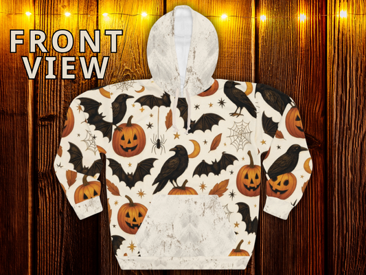 Vintage Halloween AOP Pullover Hoodie – Ravens, Pumpkins & Bats | Boutique Spooky Season Fashion