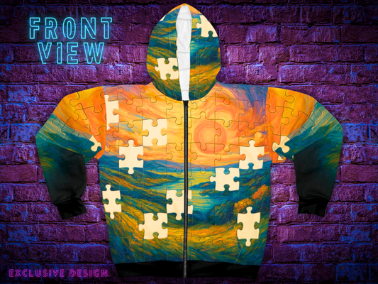 Missing Pieces – AOP Zip-Up Puzzle Hoodie | Unisex Statement Streetwear | All-Over Print by Invaluable Minutia
