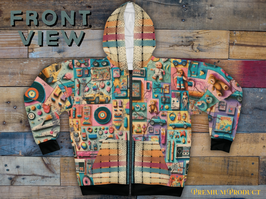 Unisex AOP-huvtröja – Retro Toys | Anpassad huvtröja med dragkedja | Nostalgisk streetwear