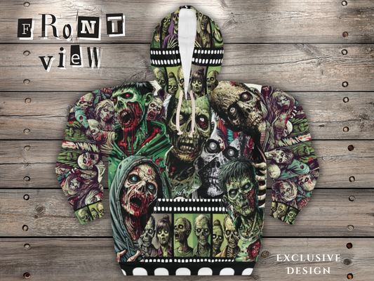 Sudadera con capucha de apocalipsis zombi AOP | Sudadera con capucha de terror con estampado integral | Sudadera con capucha gótica personalizada | Ropa urbana de Halloween | Diseño gráfico de zombis