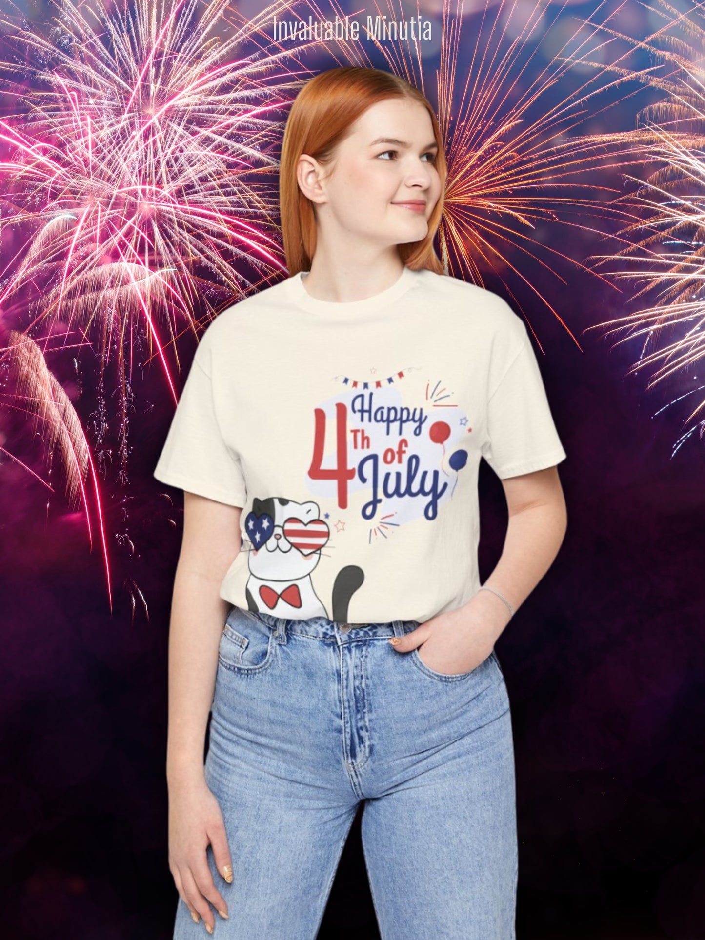 Patriotic Party Cat Tee – Happy 4th of July – Unisex Bella+Canvas Jersey Tee