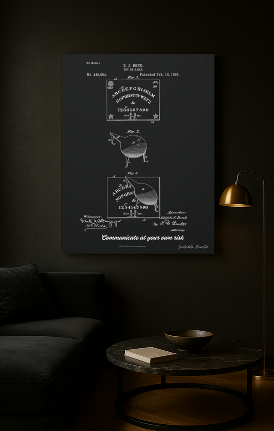 Patenttryck med Ouija-brĂ€da (1891) â Gotisk vĂ€ggkonst med andebrĂ€da