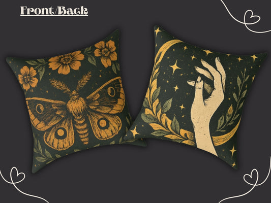 Nocturne Moth Throw Pillow – Occult Boho Cushion Throw Pillow for Cozy Vintage Vibes Cottagecore - Home Decor