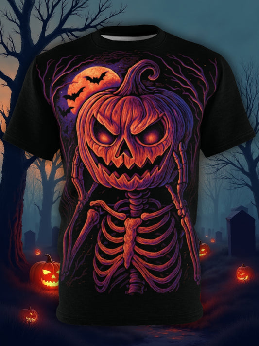 Skelettpumpahuvud AOP Halloween-t-shirt – Neon Spooky Jack-o'-Lantern Extra Large Print T-shirt (Heltryck)