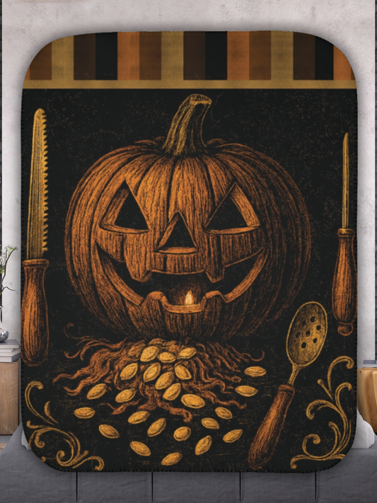 Halloween-themed decorative fleece blanket mat with a jack-o'-lantern and pumpkin seeds on a striped background.