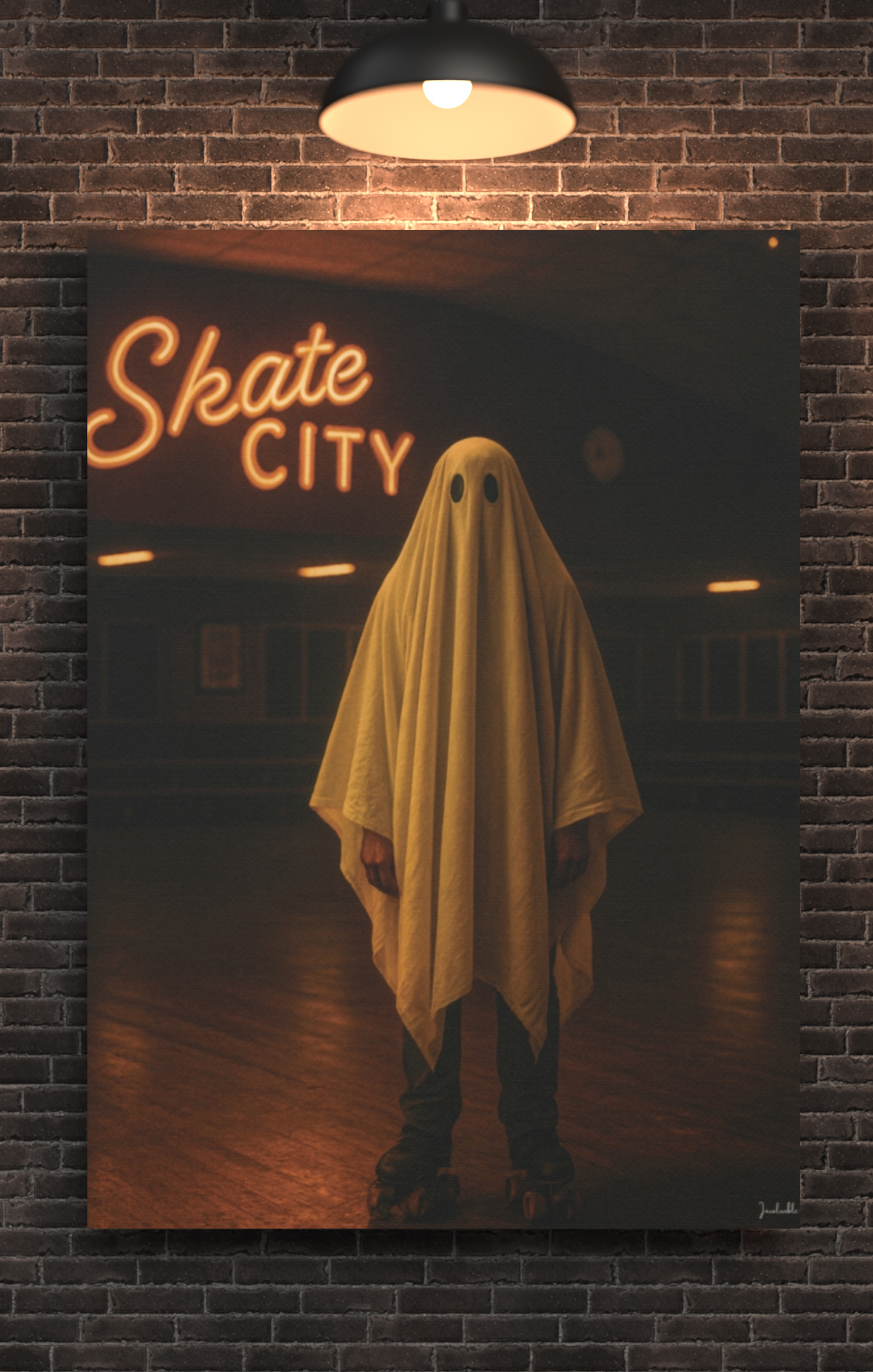 Ghost at the Roller Rink Canvas Wall Art β Retro 80s Nostalgic Halloween Decor