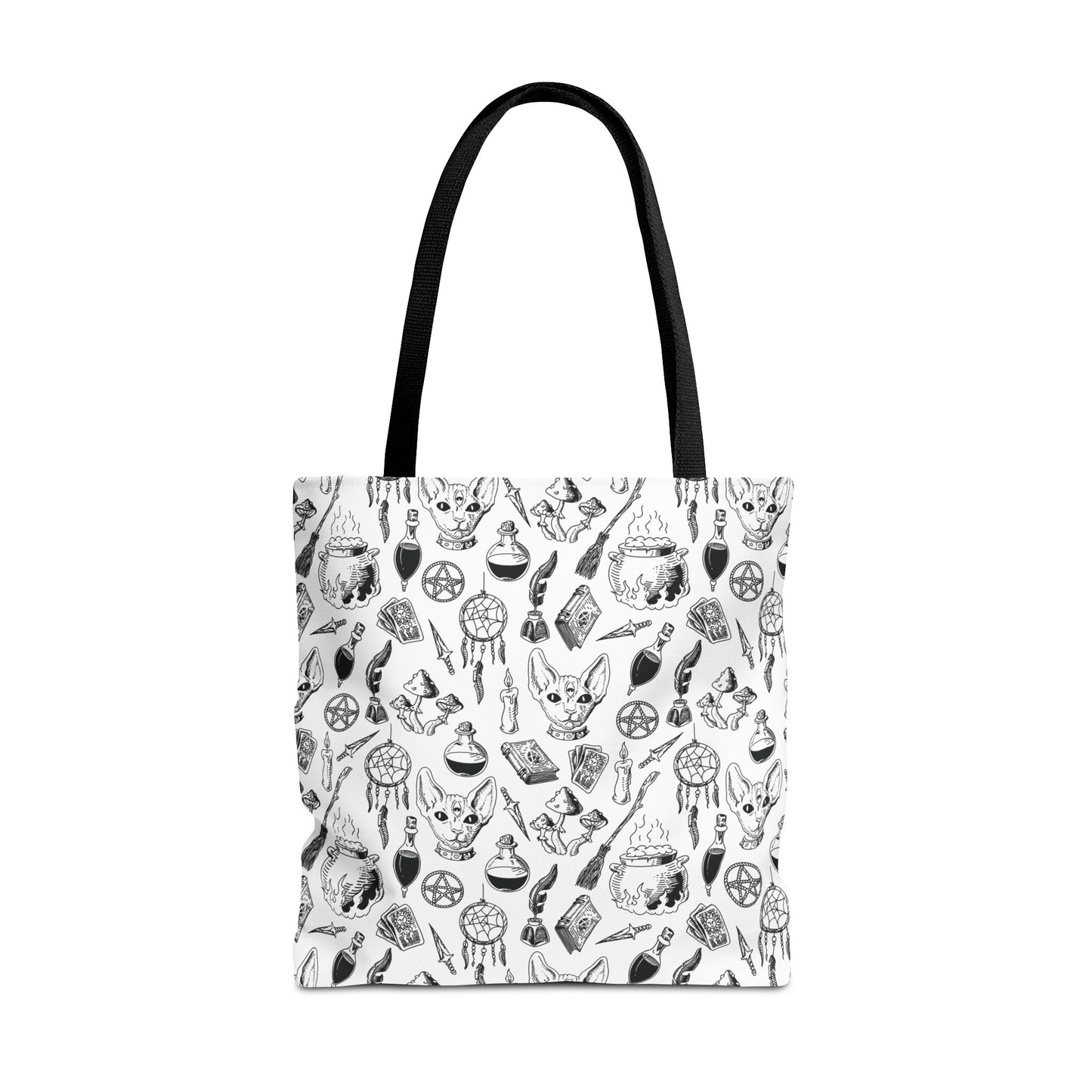 Front view of Witchy Potions pattern tote bag with black handles on white background, showcasing vintage apothecary bottle design — witchcore fashion accessory by Invaluable Minutia.