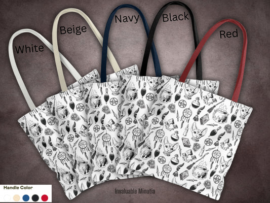 Five Witchy Potions tote bags displayed on concrete background showing available handle colors — white, beige, navy, black, and red — exclusive boutique design by Invaluable Minutia.