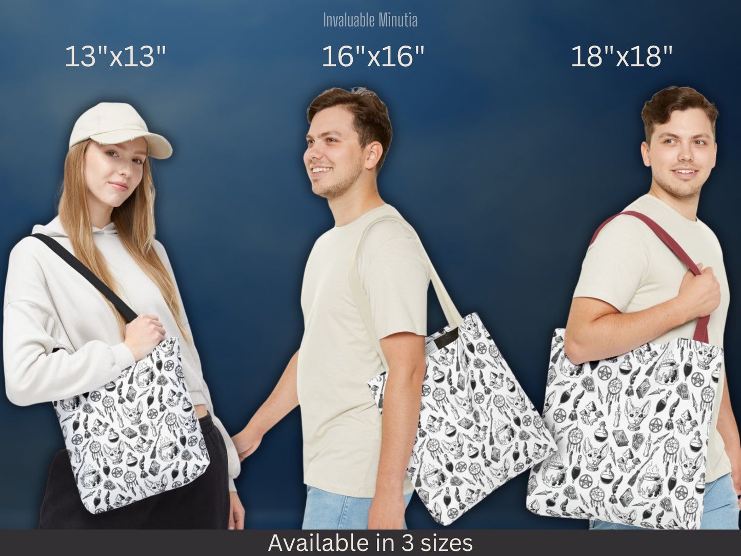 Models displaying small, medium, and large sizes of the Witchy Potions tote bag on blue studio backdrop, labeled 13x13, 16x16, and 18x18 inches — handmade witchcore tote by Invaluable Minutia.