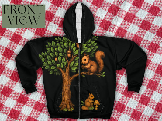 Woodland Forest Animals Hoodie – Unisex Zip-Up with Deer, Fox, Rabbit & Squirrel Design | Invaluable Minutia