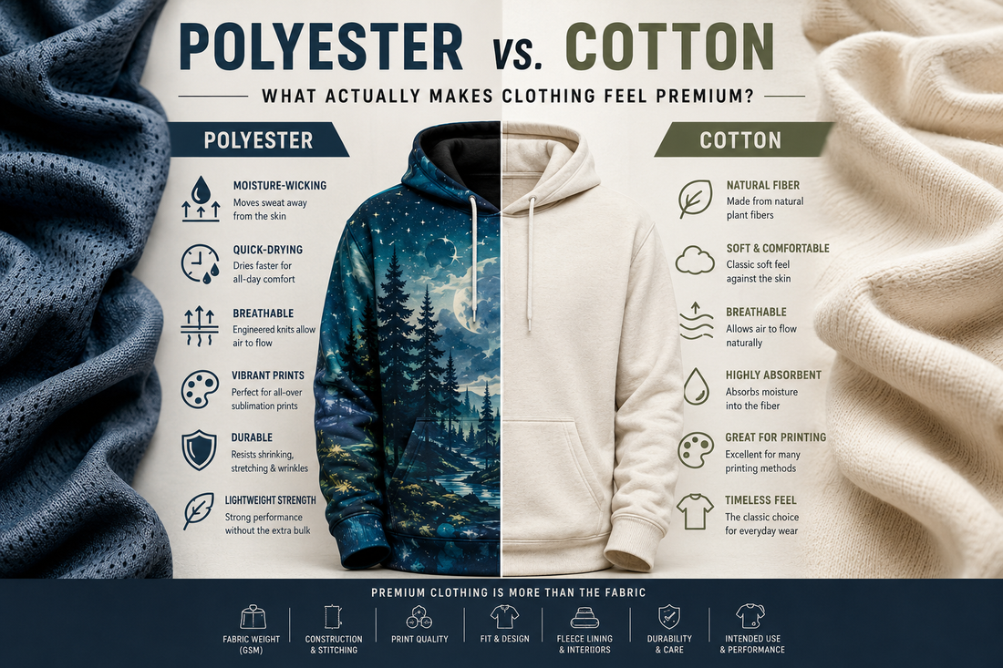 Polyester vs. cotton clothing comparison infographic showing fabric textures, hoodies, moisture-wicking, breathability, printing, durability, fleece lining, and GSM.
