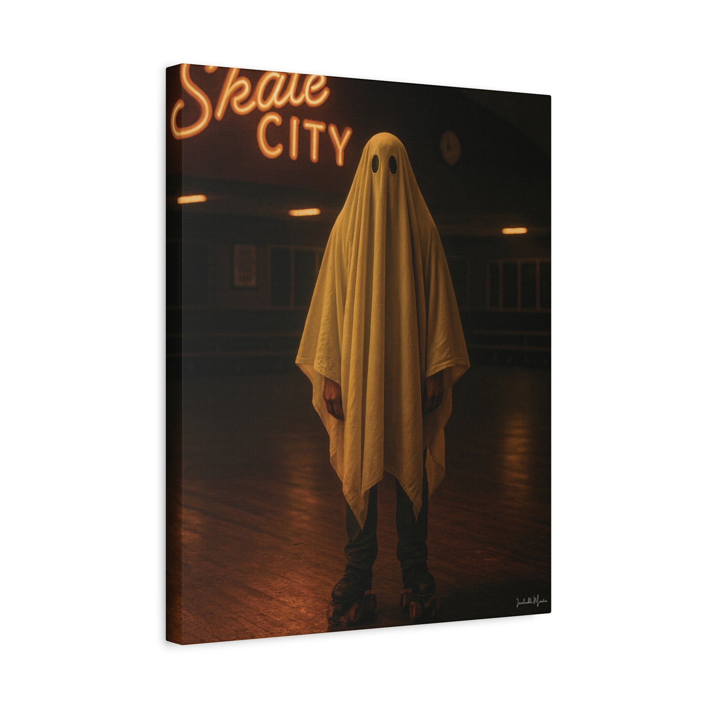 Ghost at the Roller Rink Canvas Wall Art – Retro 80s Nostalgic Halloween Decor
