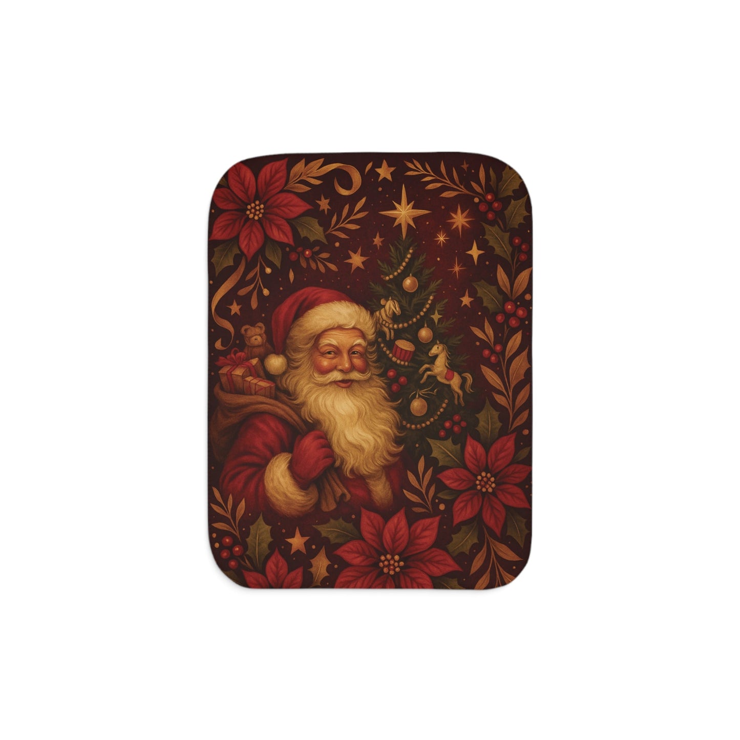 Christmas Santa Sherpa Blanket – Vintage Poinsettia & Toys Holiday Throw