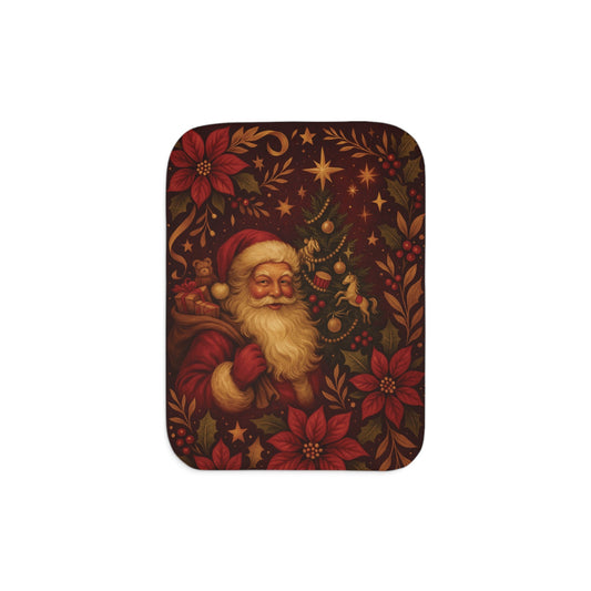 Christmas Santa Sherpa Blanket – Vintage Poinsettia & Toys Holiday Throw