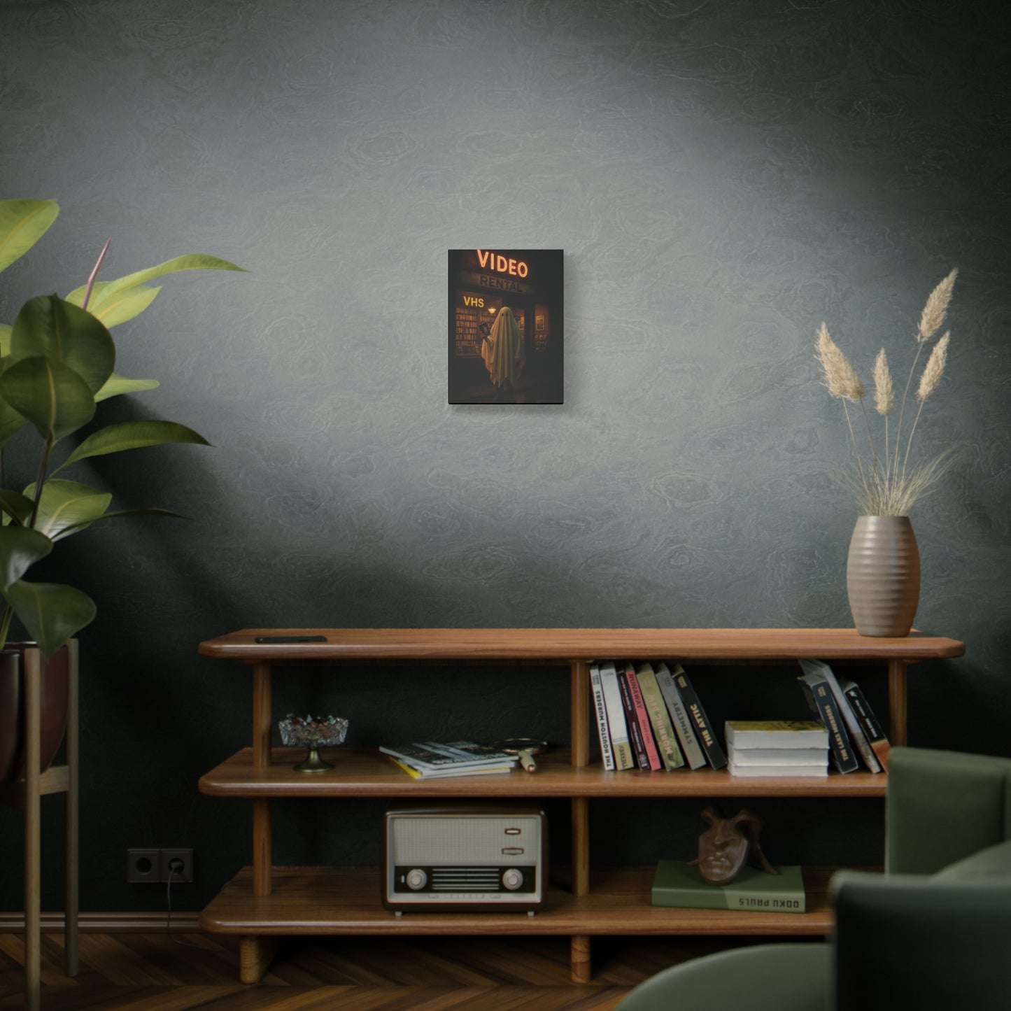 Retro Video Rental Ghost – VHS Nostalgia Matte Stretched Canvas Wall Art | 90s Spooky Decor