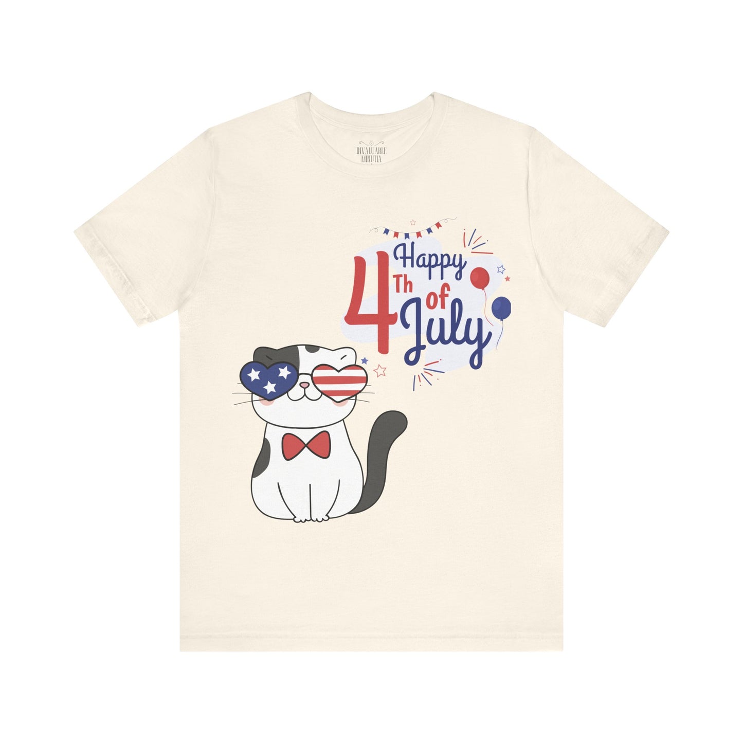 Patriotic Party Cat Tee – Happy 4th of July – Unisex Bella+Canvas Jersey Tee - 4th of July Tee