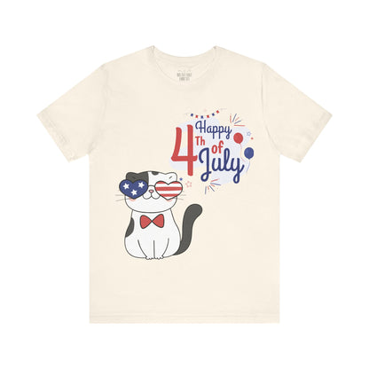 Patriotic Party Cat Tee – Happy 4th of July – Unisex Bella+Canvas Jersey Tee - 4th of July Tee
