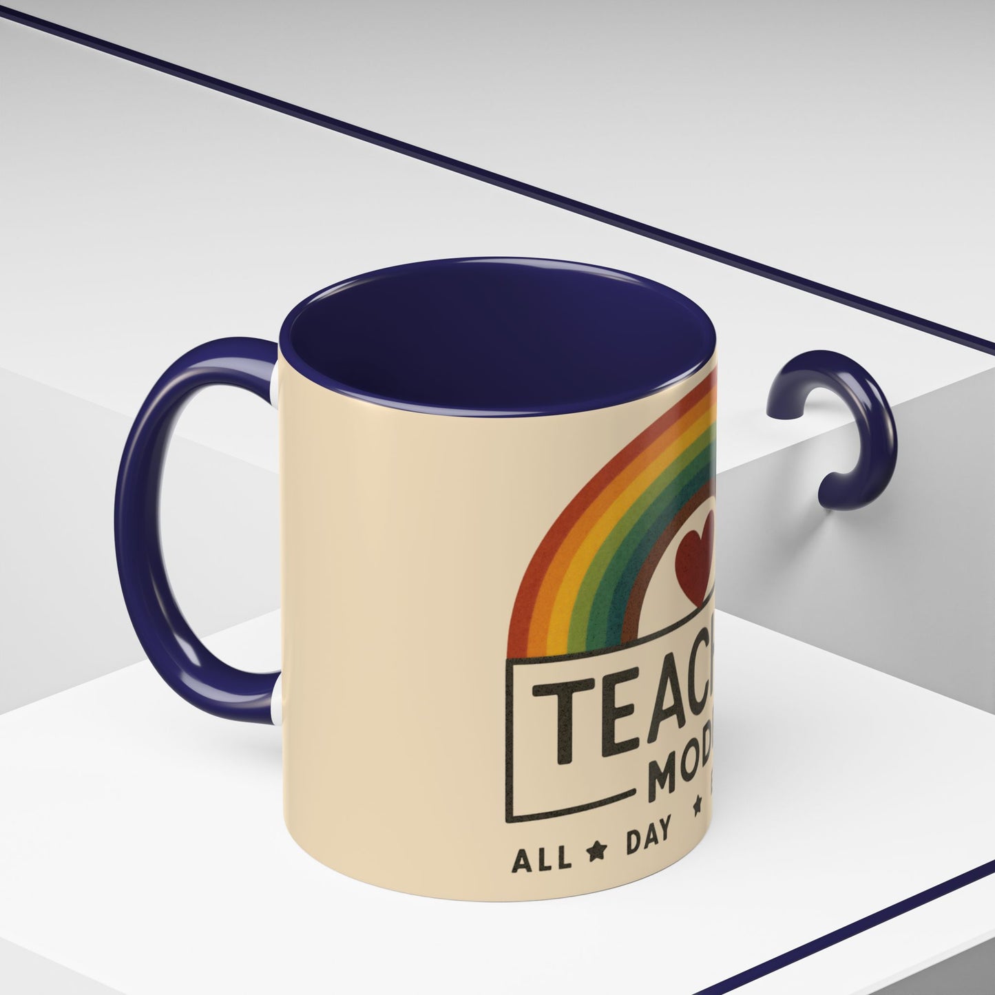 Teacher Mode – Color Accent Mug (11oz/15oz) • Rainbow Heart • Teacher Gift • Dishwasher & Microwave Safe