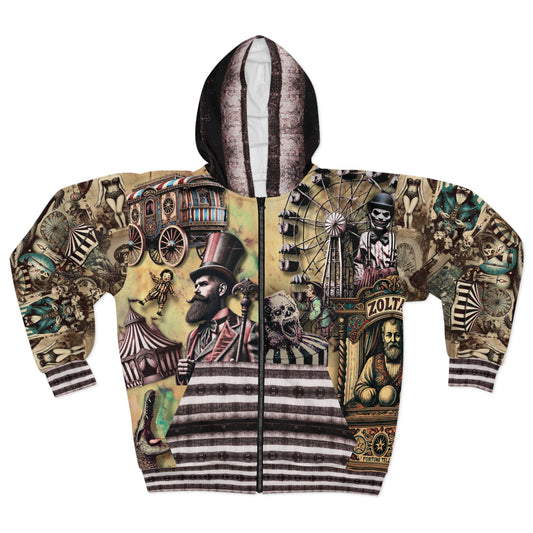 Unisex All-Over Print Zip-Up Hoodie - Gothic Vintage Aesthetic Circus + CreepyClown Design