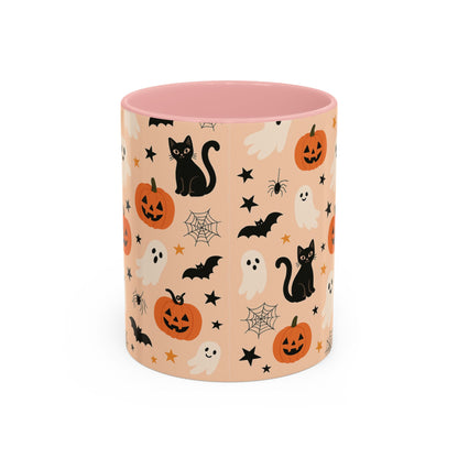 Halloween Color Accent Mug – Ghosts, Pumpkins & Black Cats, Fall Coffee Cup (11oz & 15oz) – Boutique Spooky Season Drinkware
