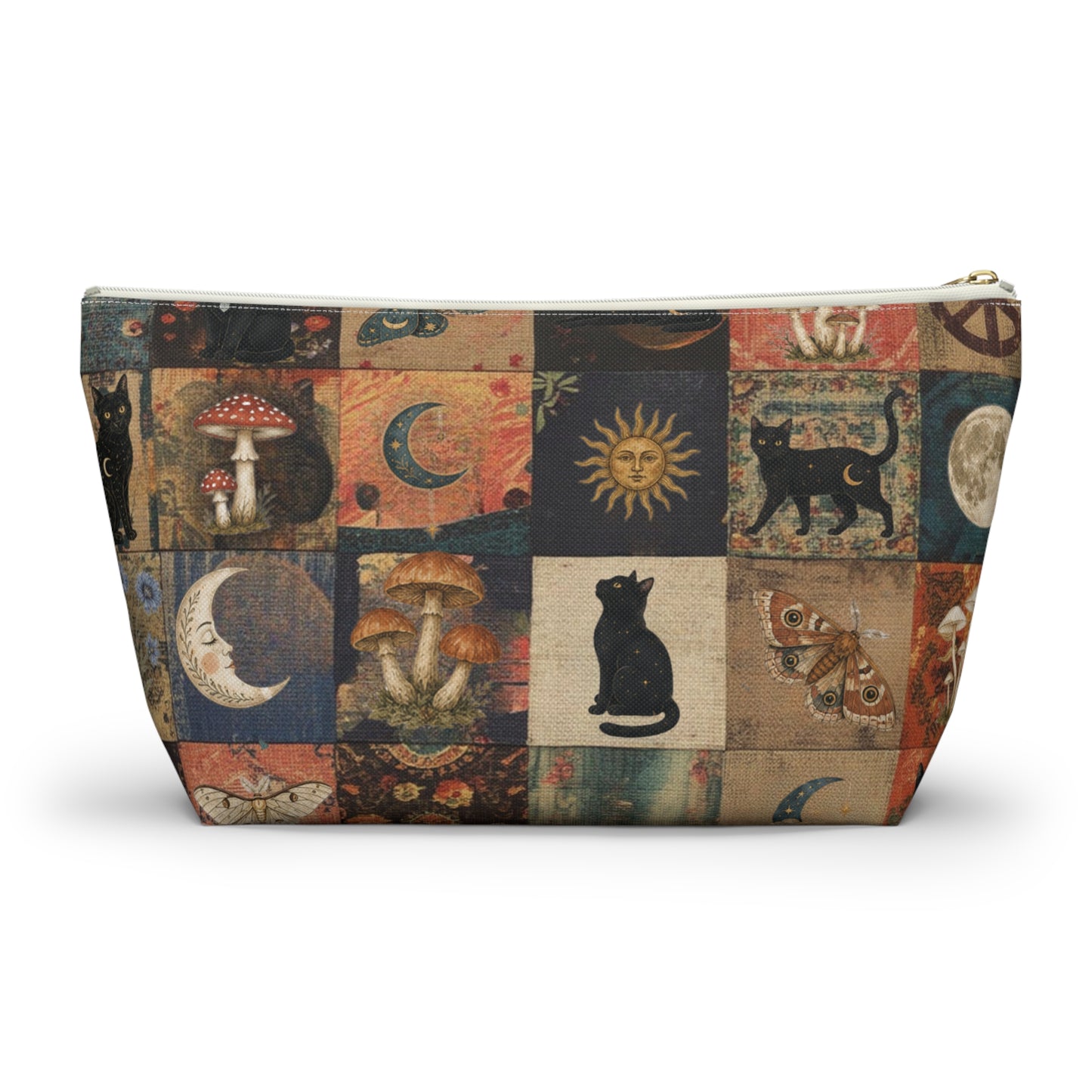 Witchy Patchwork Accessory Pouch – Black Cat Moon Mushroom Cosmetic Bag