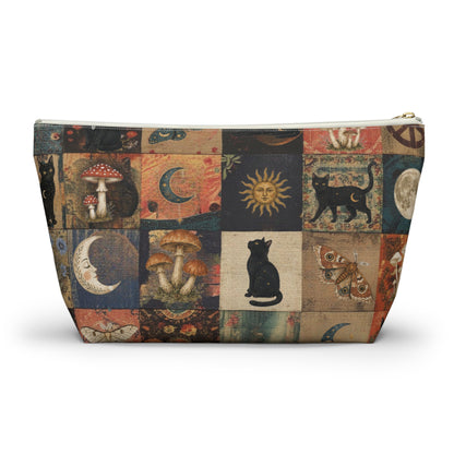 Witchy Patchwork Accessory Pouch – Black Cat Moon Mushroom Cosmetic Bag