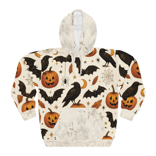 Vintage Halloween AOP Pullover Hoodie – Ravens, Pumpkins & Bats | Boutique Spooky Season Fashion