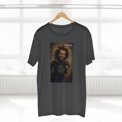Creepy Killer Doll Mugshot T-Shirt – Halloween Horror Tee, Boutique DTG Print, Premium Cotton Tee, 90s VHS Aesthetic