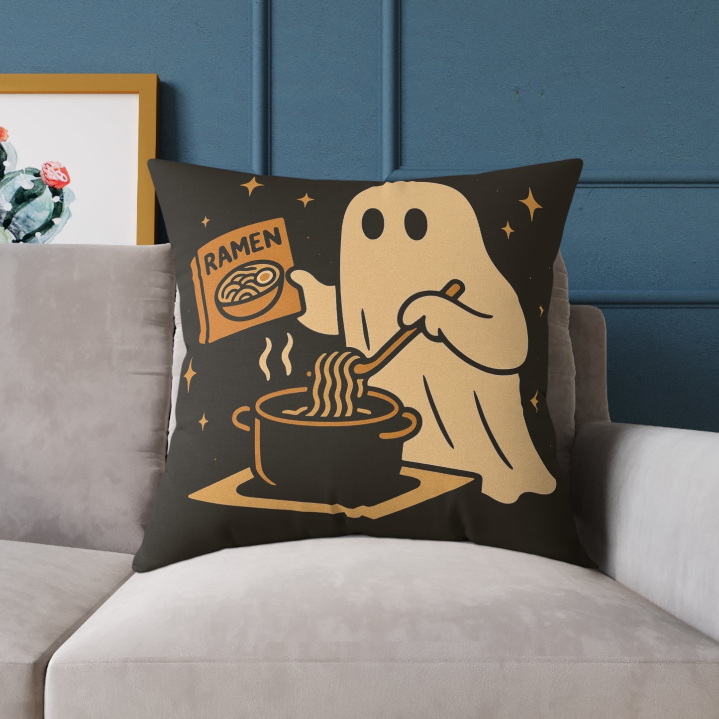 Ghost Making Ramen Canvas Throw Pillow – Spooky Chores Collection