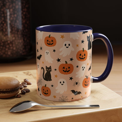 Halloween Color Accent Mug – Ghosts, Pumpkins & Black Cats, Fall Coffee Cup (11oz & 15oz) – Boutique Spooky Season Drinkware