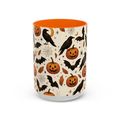 Halloween Raven & Pumpkin Color Accent Mug – Gothic Crow, Bats & Jack-o’-Lantern Coffee Cup (11oz & 15oz) – Spooky Autumn Drinkware