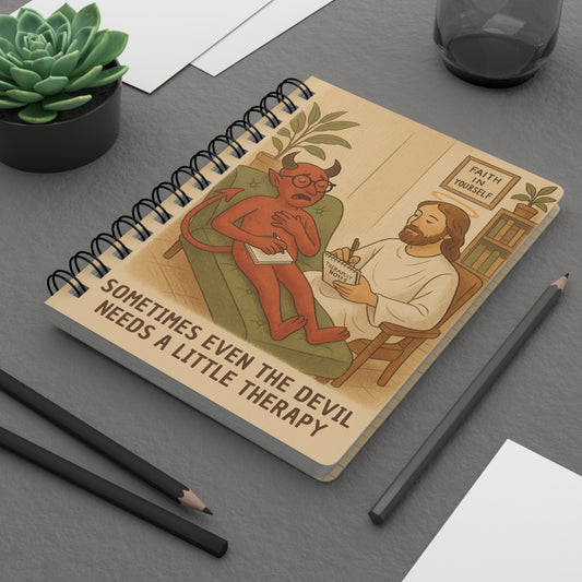 Spiral-Bound Journal Notebook – “Jesus Never Abandons: Even the Devil Needs Therapy”