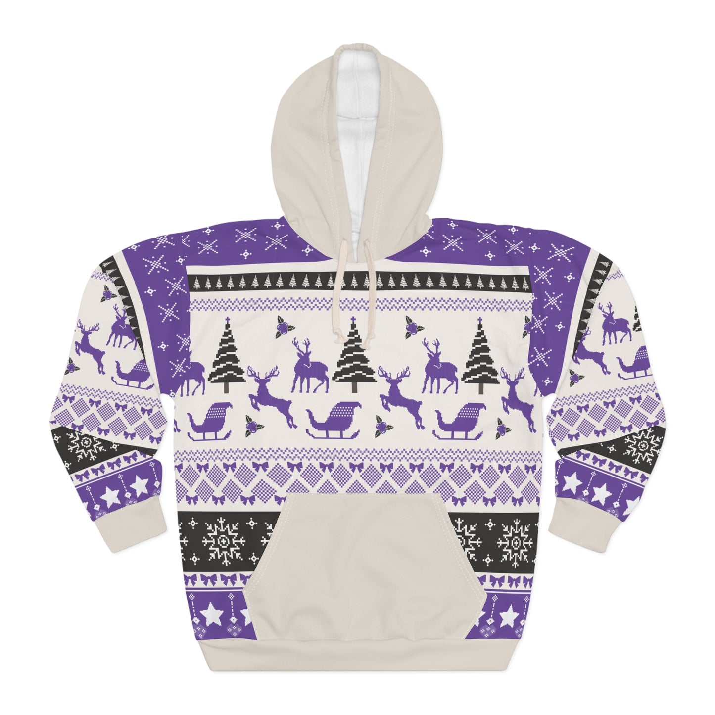 Purple Nordic Reindeer AOP Hoodie – Cozy Fair Isle Winter Holiday Pullover