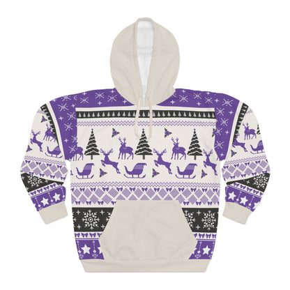 Purple Nordic Reindeer AOP Hoodie – Cozy Fair Isle Winter Holiday Pullover