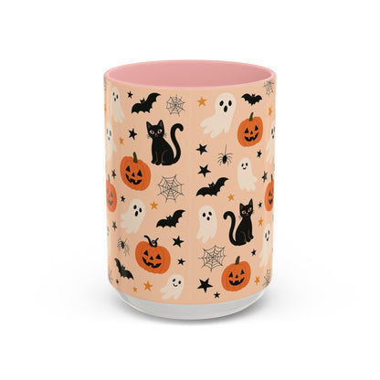 Halloween Color Accent Mug – Ghosts, Pumpkins & Black Cats, Fall Coffee Cup (11oz & 15oz) – Boutique Spooky Season Drinkware