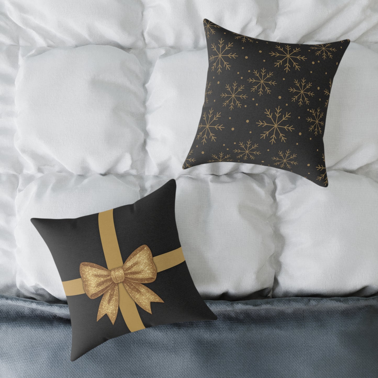 Black & Gold Gift Box Throw Pillow – Charcoal Present & Snowflake Canvas Cushion