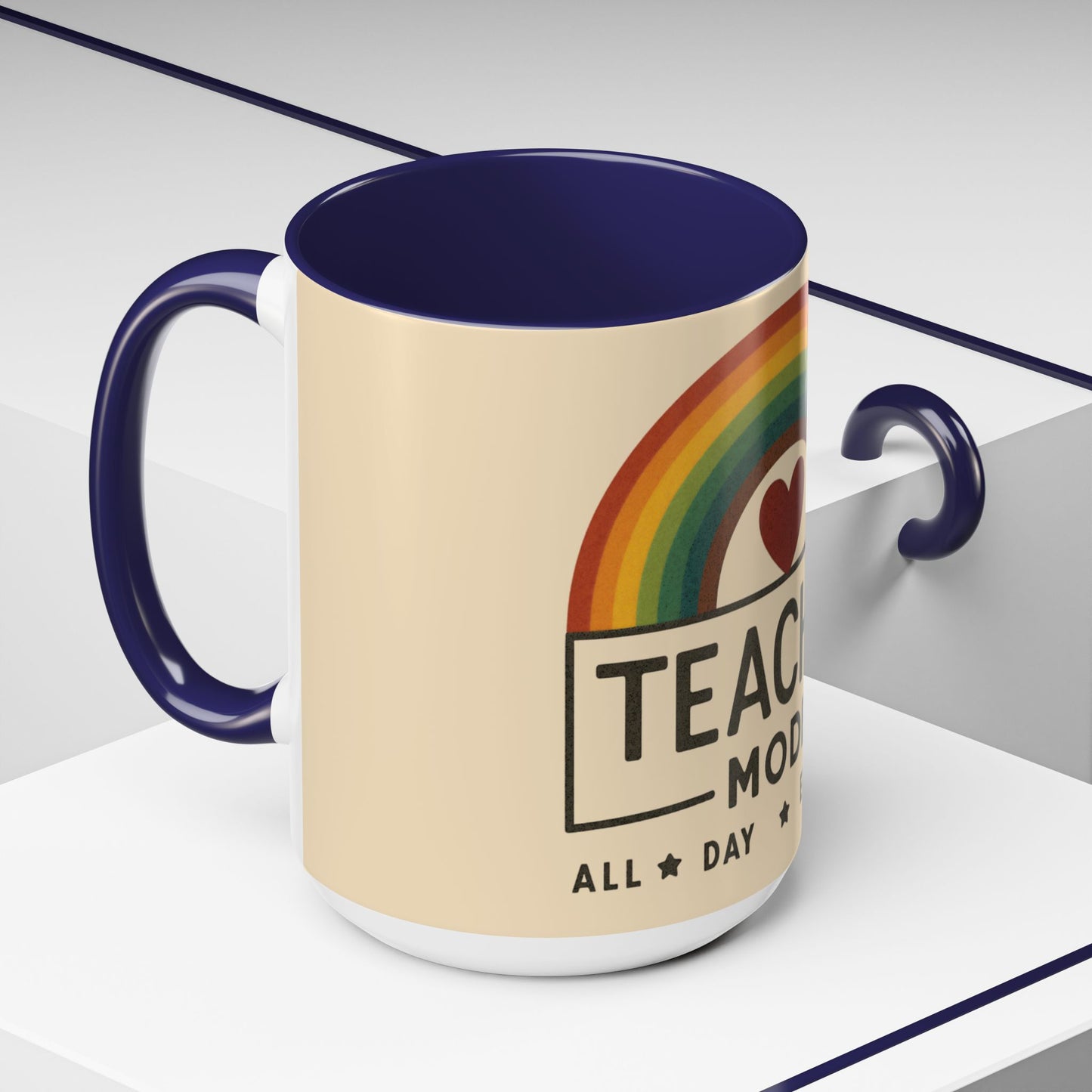 Teacher Mode – Color Accent Mug (11oz/15oz) • Rainbow Heart • Teacher Gift • Dishwasher & Microwave Safe