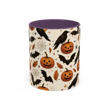 Halloween Raven & Pumpkin Color Accent Mug – Gothic Crow, Bats & Jack-o’-Lantern Coffee Cup (11oz & 15oz) – Spooky Autumn Drinkware