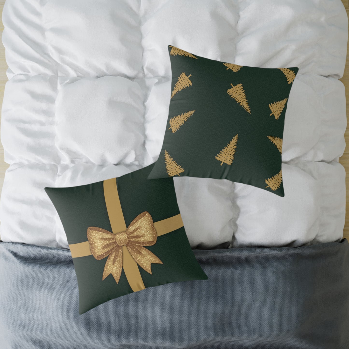 Emerald Gift Box Throw Pillow – Green & Gold Present with Pine Tree Pattern Back