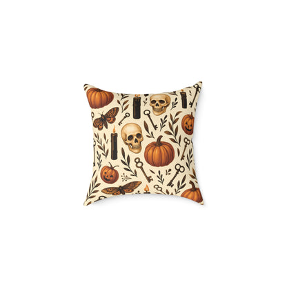 Gothic Halloween Throw Pillow – Colorway Poly Canvas – Reversible Plaid – Skulls, Moths & Black Candles – Premium Fall Decor