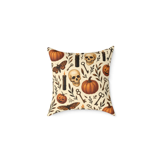 Gothic Halloween Throw Pillow – Poly Canvas –Skulls, Moths & Black Candles – Premium Fall Decor