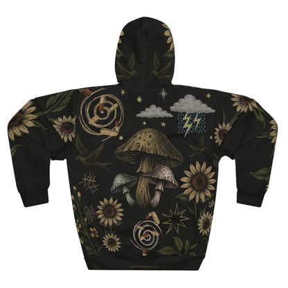 Dark, Hippie Floral AOP Unisex Pullover Hoodie – ADHD Aesthetic, Moody Boho Streetwear, Mental Health Awareness