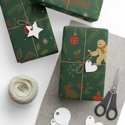 Cryptid Christmas Parade – Luxury Holiday Wrapping Paper, Folk-Art Bigfoot & Mothman Gift Wrap, 30" Roll (Matte/Gloss)
