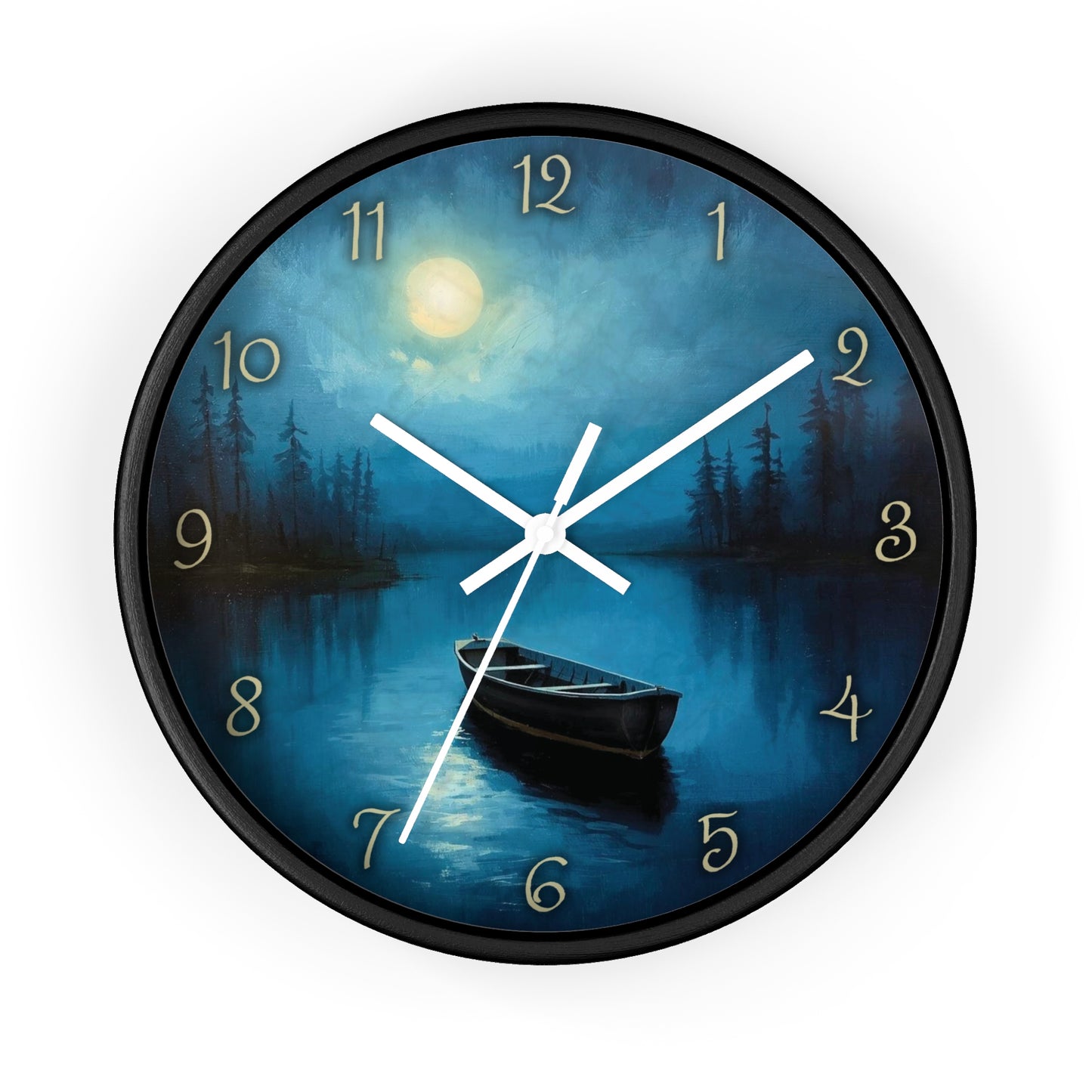 Moonlit Lake Wall Clock – Serene Night Boat Scene 10" Decor