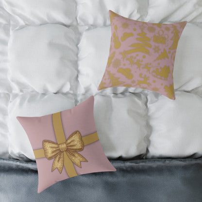 Blush Pink & Gold Gift Box Throw Pillow – Holiday Icon Pattern Canvas Cushion