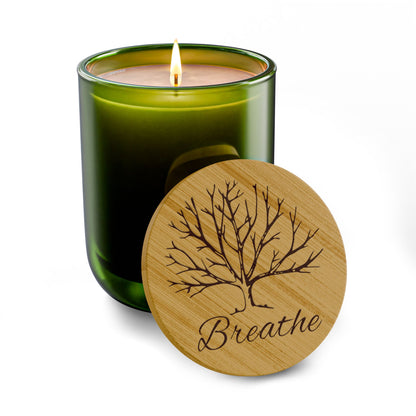 Breathe - Engraved Bamboo Lid Scented Soy Candle Frosted Glass Jar (14 oz)
