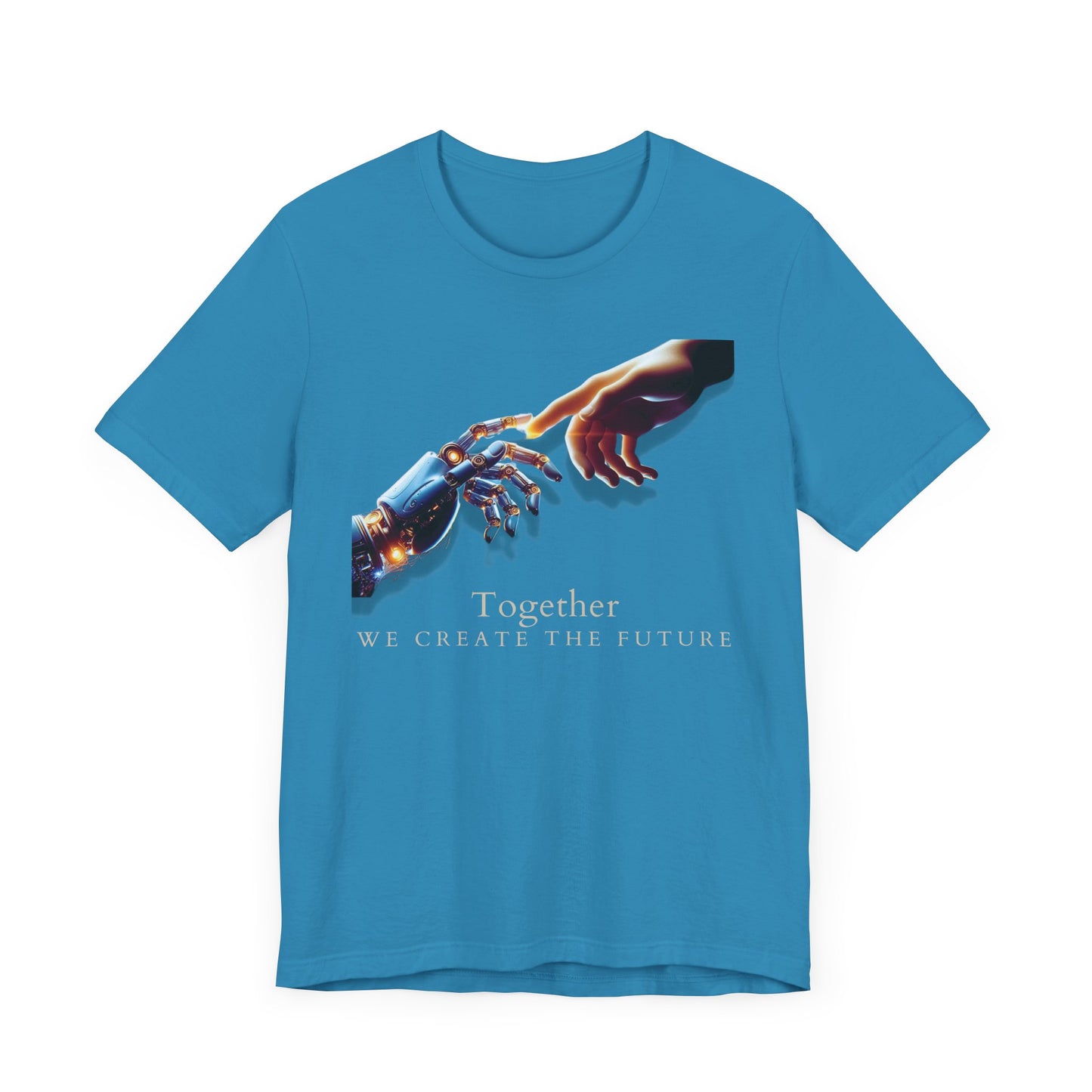 Robotic & Human Hand Touching Jersey Tee - "Together We Create the Future" - Inspirational T-Shirt - Soft, Comfortable Graphic Tee