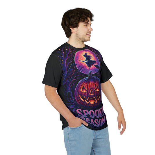 Neon Halloween AOP T-Shirt – Spooky Season Jack-o’-Lantern & Witch Design (All-Over Print)