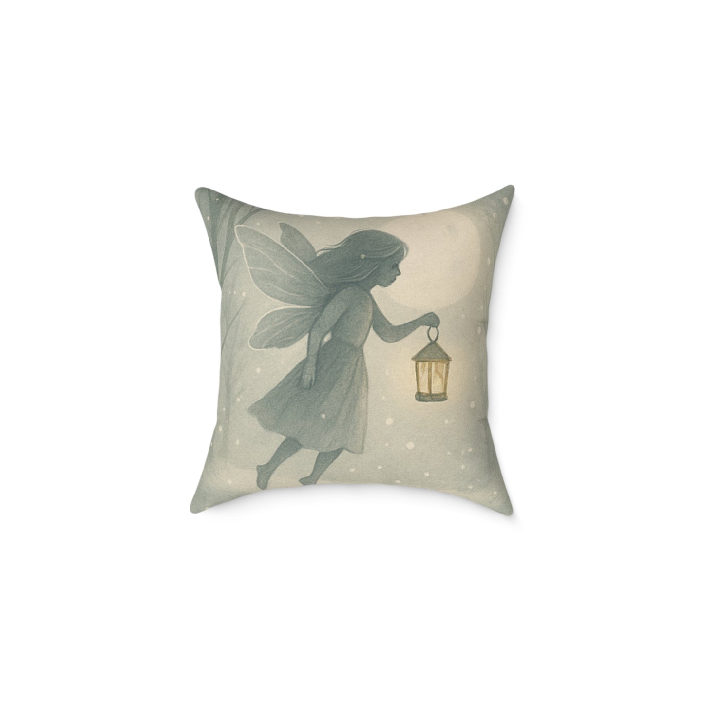 Cozy Winter Fairy Throw Pillow – Tea on a Toadstool & Lantern Fairy Canvas Cushion